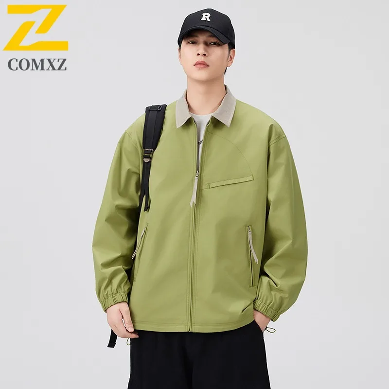 

COMXZ Men Jacket Turndown Collar Outdoor Camping Lightweight Motorcycle Coat Luxurious Zipper Decoration Windproof Autumn Wear
