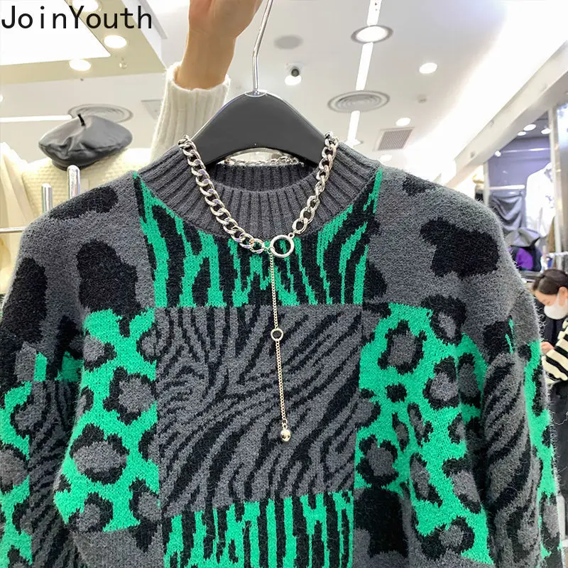 2023 Fall Clothing Pullovers Fashion Tops for Women Vintage Leopard Print Knit Sweaters Korean Loose Jumper Sueter De Mujer