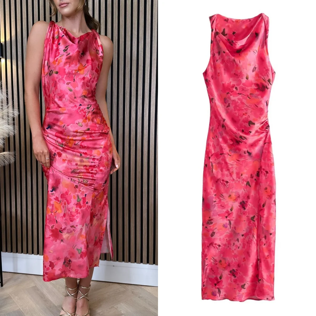 

TRAF sexy printed backless women's fashion slit sleeveless high waist holiday women's dress 2024 summer slim elegant ladies robe