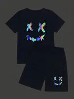 Summer Black Trendy Printed Round Neck Short Sleeved T-Shirt Top + Elastic Waist Printed Wide Leg Shorts Children's Clothing Set