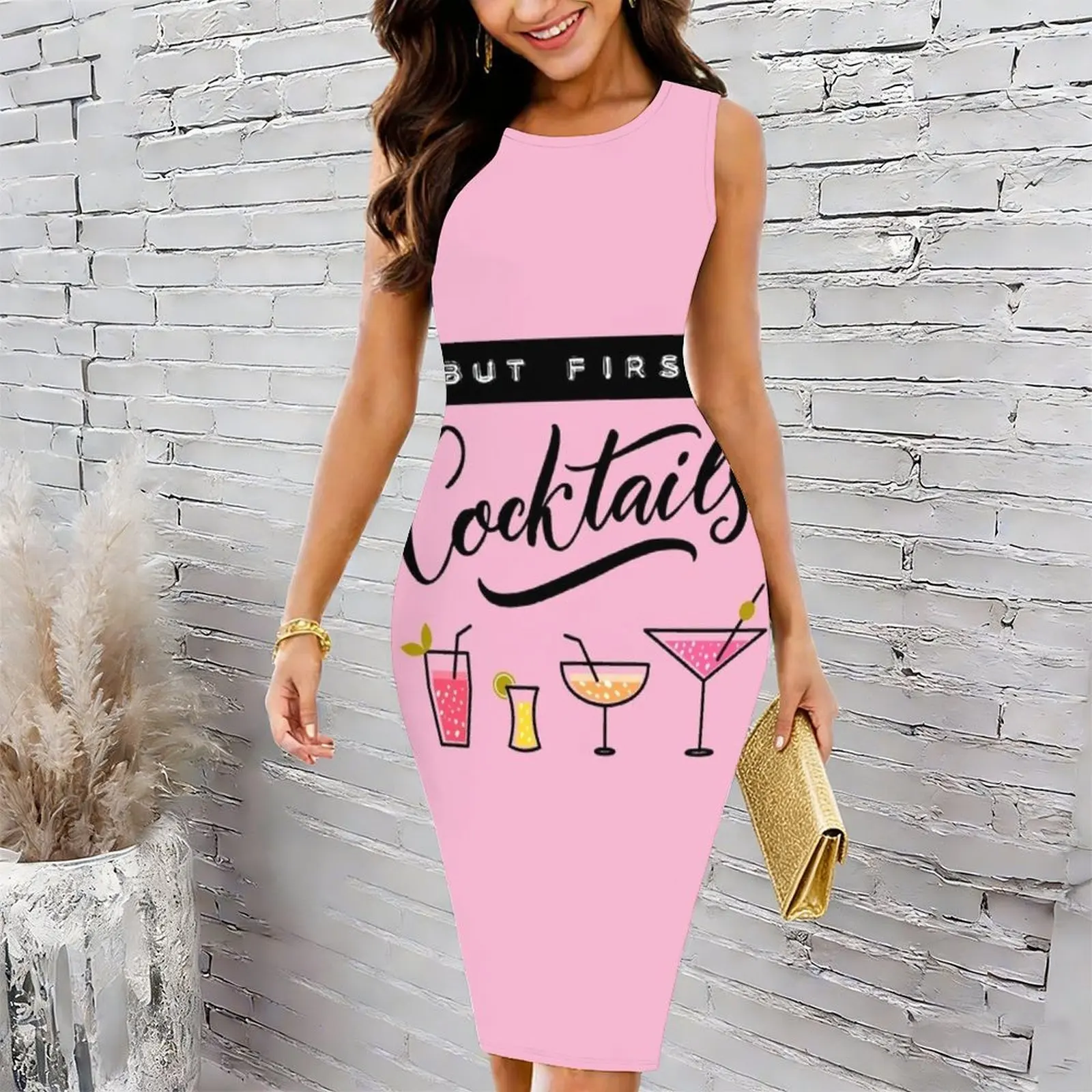 But first, cocktails Women's Round Neck Tight Hip Wrap Skirt