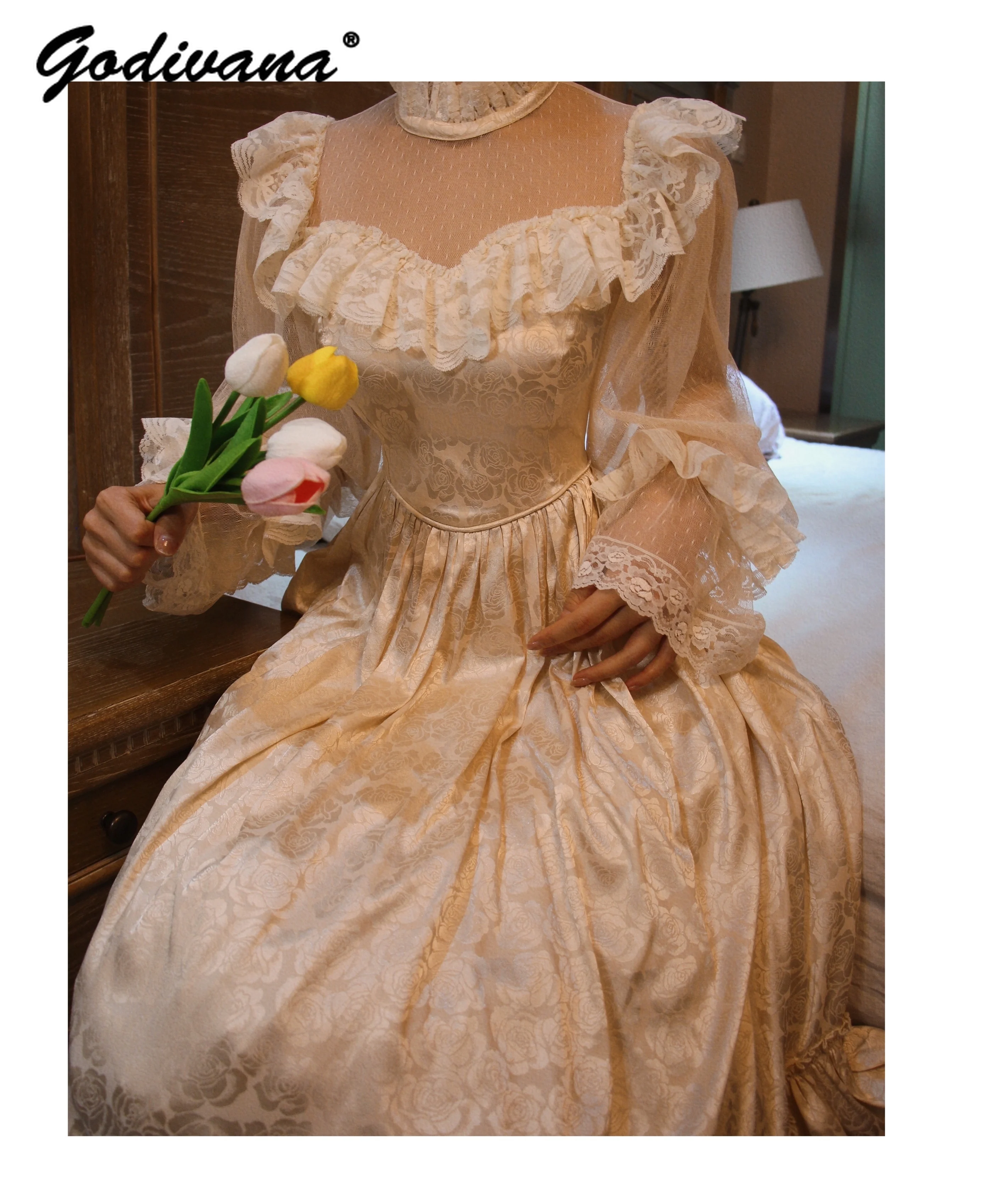 Retro estilo palácio francês renda cetim vestido novo outono manga longa feminino gola renda emendado fino jacquard vestido longo