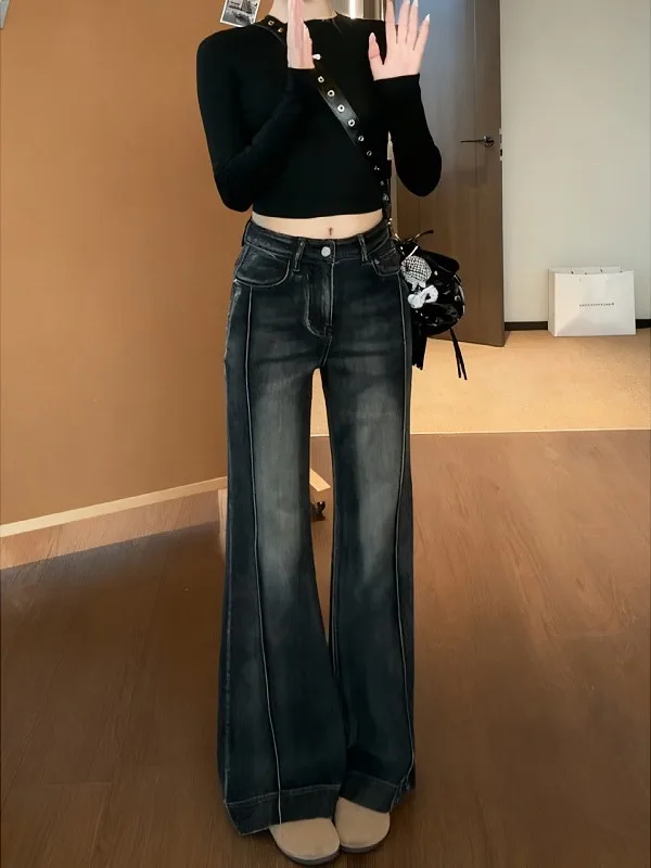 Retro Jeansy Damskie Plus Size w Stylu Vintage z Szerokimi Nogawkami, Jesienno-Zimowe, Nowe, Wyszczuplające Długie Spodnie