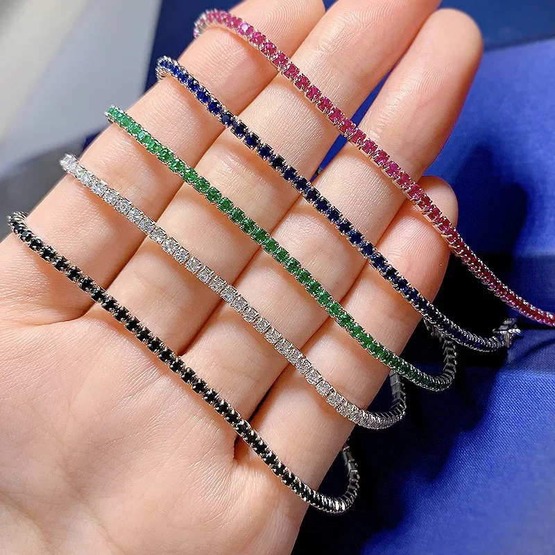 

2024 Trend 100% 925 Real Silver 2mm Emerald Sapphire Gemstone Tennis Chain Bracelets Lab Diamond Women Party Fine Jewelry Gifts