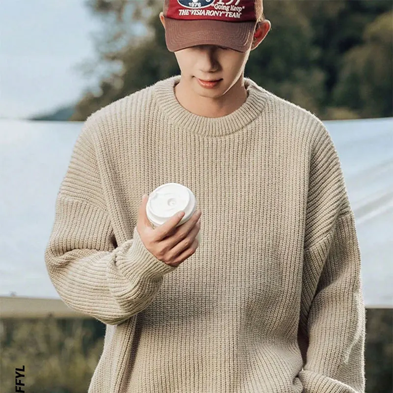 Heavy-duty thick needle stitch texture pullover for men 2025 new style pure color loose round neck knitted jacket Asian size