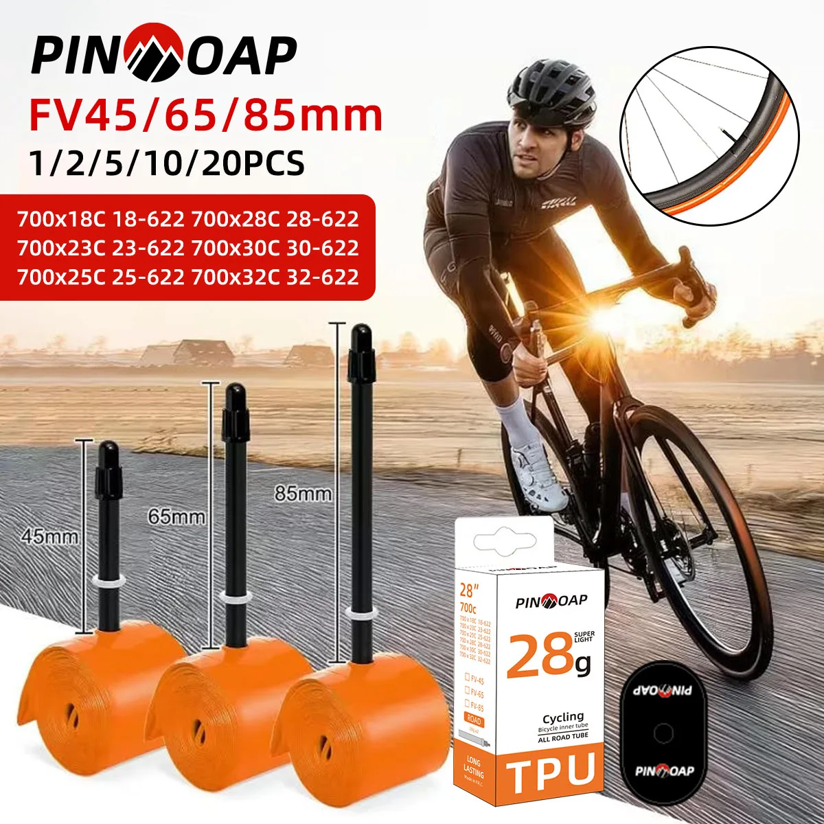 PINMOAP 45/65/85 مللي متر بولي TPU الطريق دراجة الأنبوب الداخلي 700x18c/32c خفيفة للغاية ودائم المضادة للثقب ومقاومة درجات الحرارة العالية