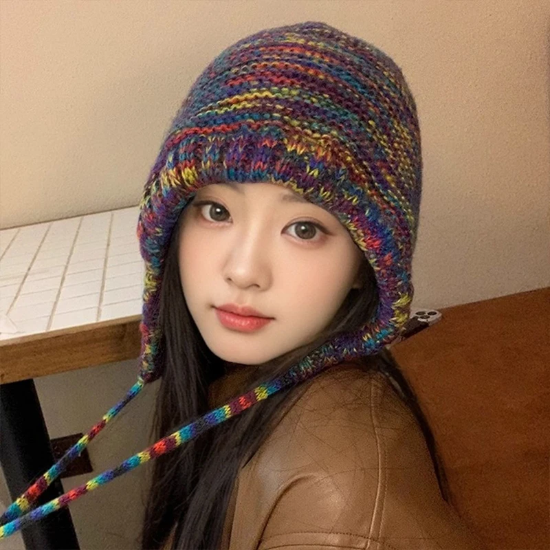 Colorful Rainbow Striped Knit Wool Beanie Hat For Women Winter Warm Crochet Ear Protection Cap Female Girl Snow Windproof Bonnet