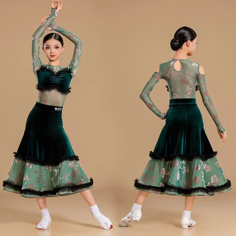 Customized Modern Dance Dress Children's Performance Training Art Exam Competition Velvet Waltz Balloom Dance Standard Dress