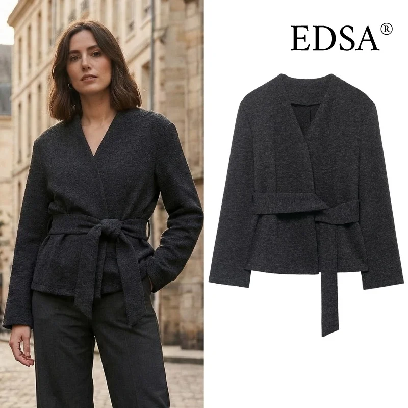 سترة نسائية ناعمة من EDSA مع حزام وأكمام طويلة للربيع والخريف وأكمام طويلة بغرز مفتوحة معطف نسائي ملابس خارجية #1