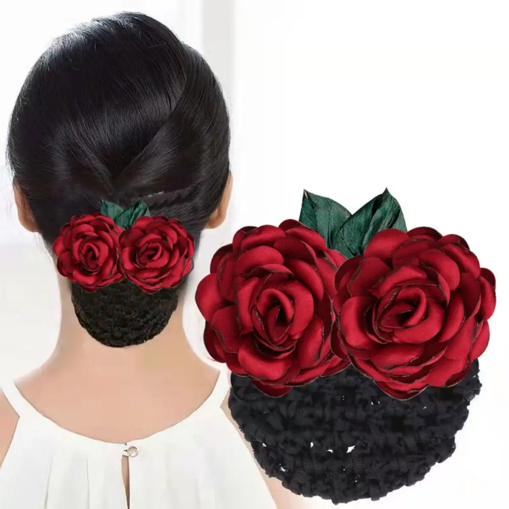 Snood Hairnet Flower Hair Bun Holder Covers Flower Hair Accessories Detachable Barrette with Net Hair Headdress French Hair Clip