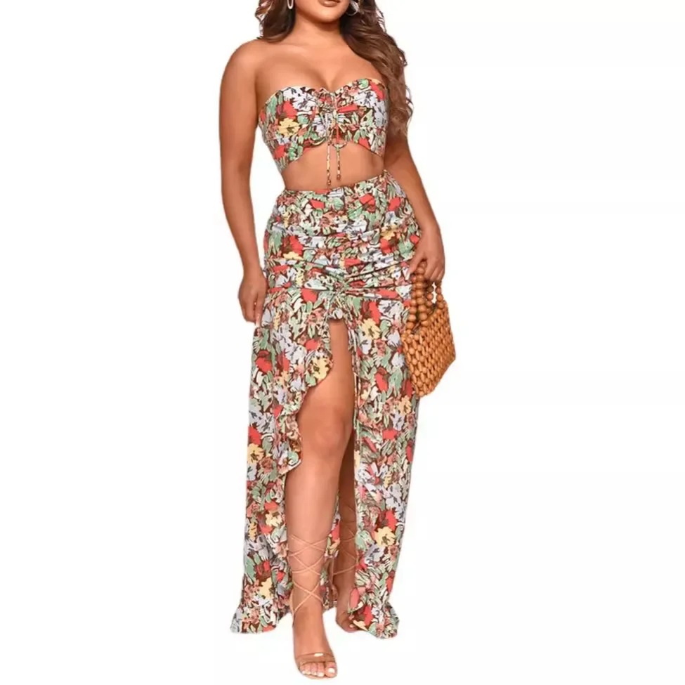 Long Skirt Suit Party Outfits Fashion Printed Two Piece Set Summer Women\'s Set Strapless Sleeveless Top Elegant Ruffled Dresses