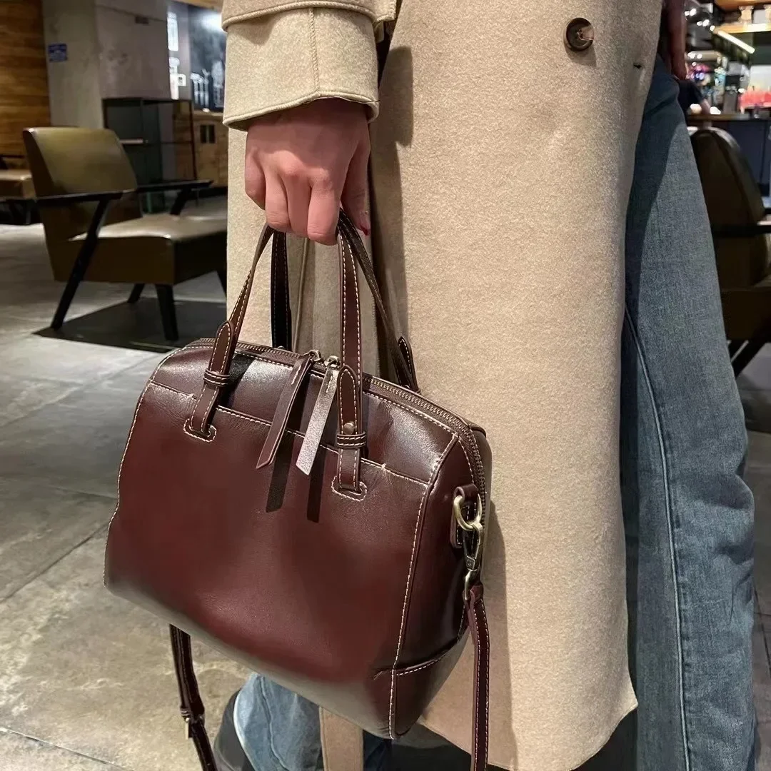 Vegetable Tanned Leather Hand Bag Top Layer Cowhide Large Leather Retro Crossbody  Casual Soft Leather Designer Luxury Bag