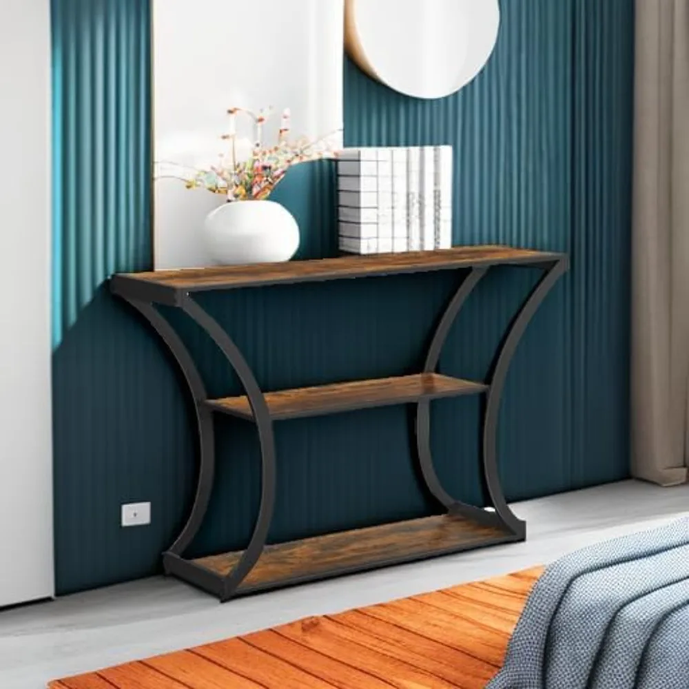 طاولة كونسول ريفية باللونين البني والأسود مع إطارات منحنية ورفين مفتوحين للممر، والمدخل، وغرفة المعيشة - 11.8 × 47.2