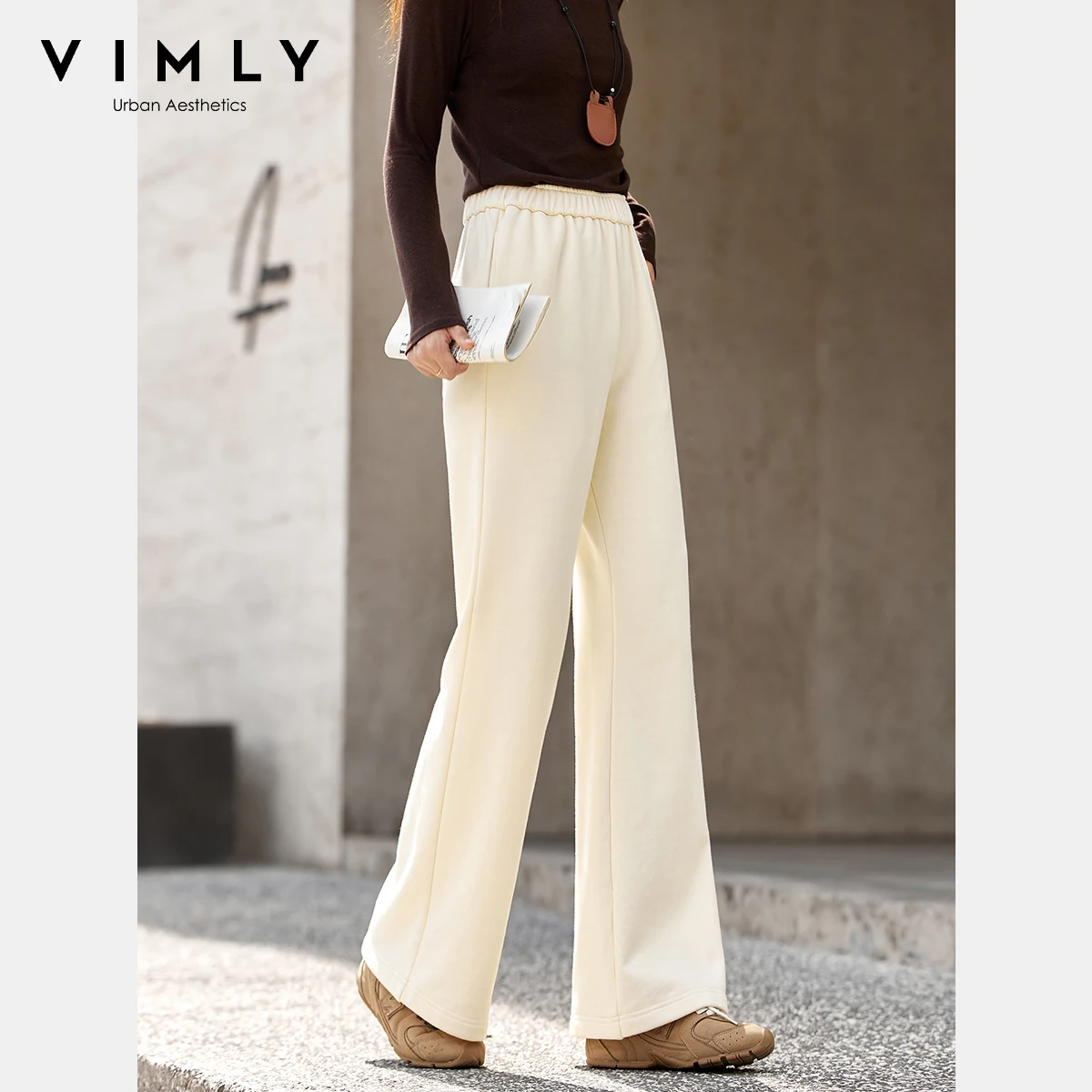 VIMLY Flared Women Apricot Pants Autumn 2025 New Elegant Strecth Knitted Casual Long Pants Fashion Pockets Woman Trousers A2855