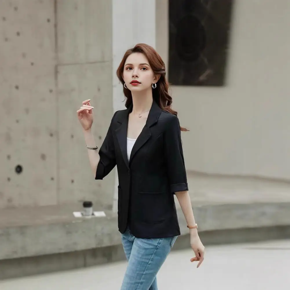 Suit Jacket Stylish Women's Lapel Suit Coat with 3/4 Sleeves Button Placket Lightweight Summer Jacket in Solid Color for Any