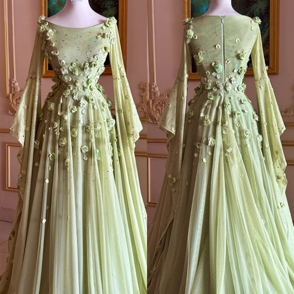 Robe de soirée en mousseline de soie verte, personnalisée, manches longues, exquise, Scoop, robe de soirée, pour occasions spéciales