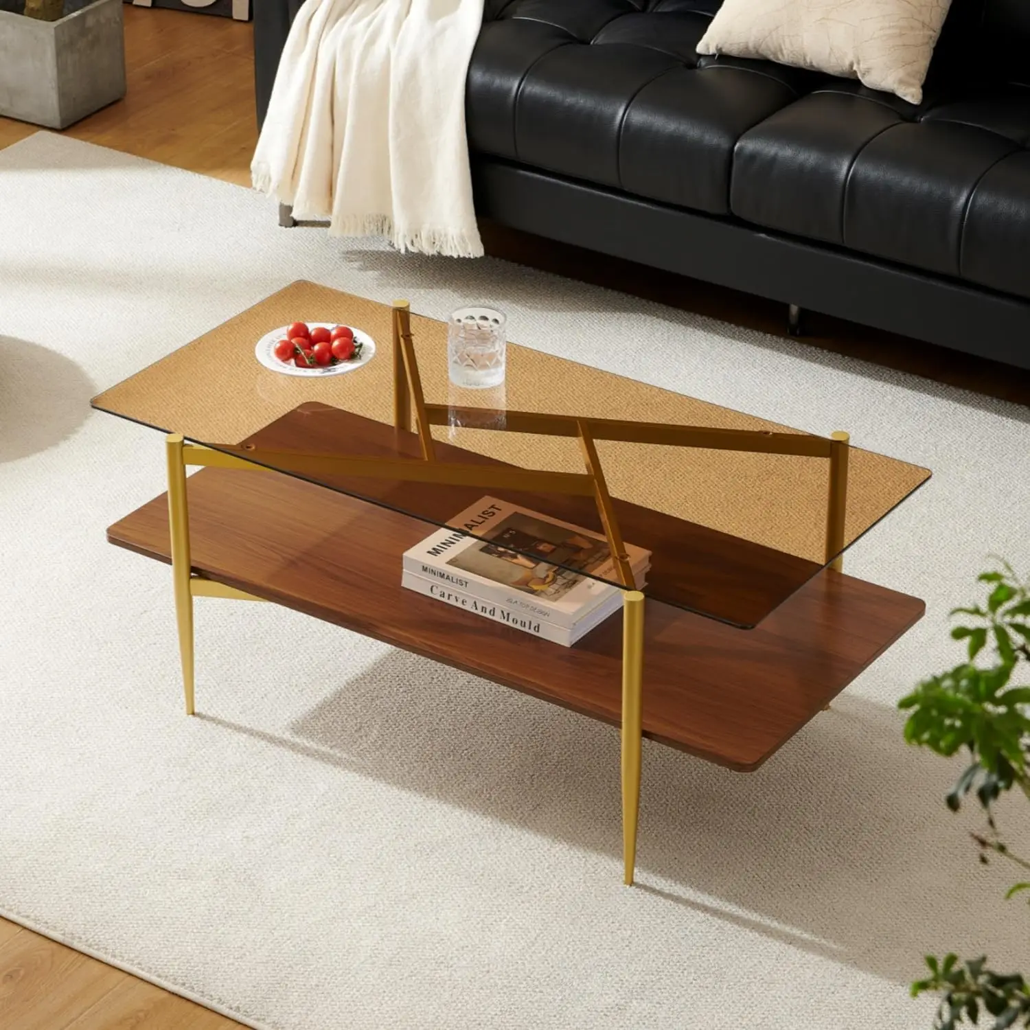 

Rectangle Coffee Table, Mid-Century Modern Design, L41*W21*H17 inch, for Living Room, 2-Tier Structure, Amber Glass Top and Waln