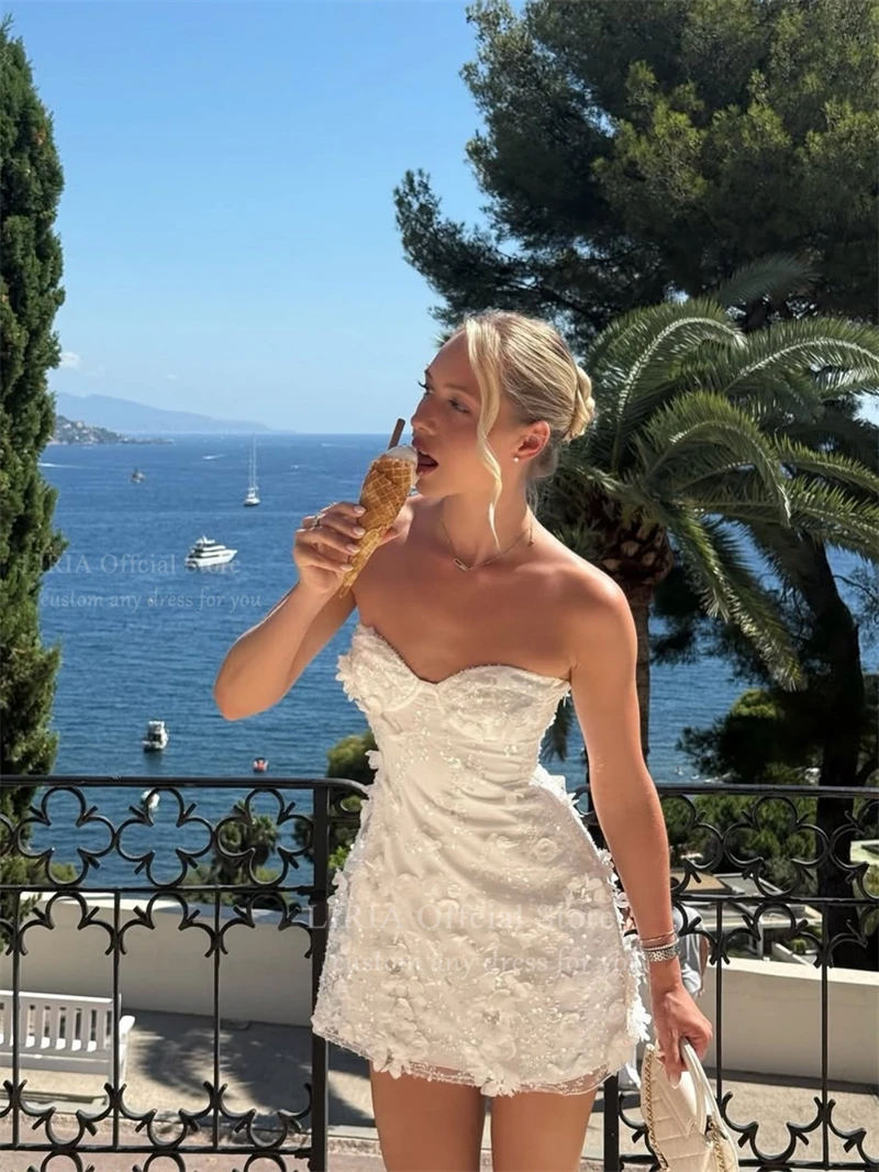 LIRIA Customized 3D Applique Lace Wedding Dresses Sweetheart Short Bride Dress Sheer Mesh Bodycon Mini Wdding Evening Party Gown
