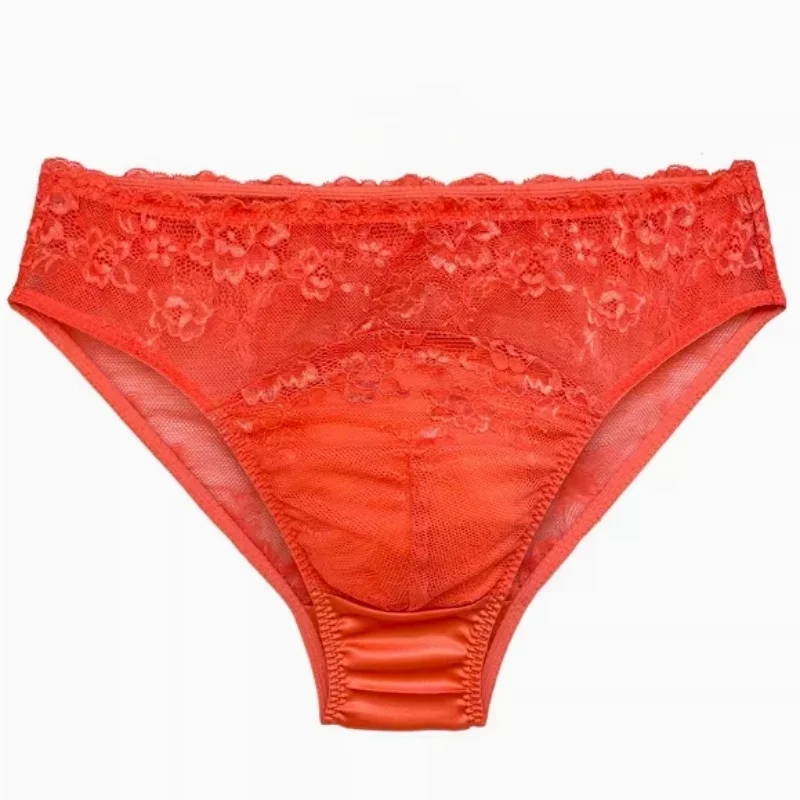 Sexy Men's Sissy Mid Waist Lace Trim Comfortable Soft Breathable Triangle Underwear Suitable For Daily Wear