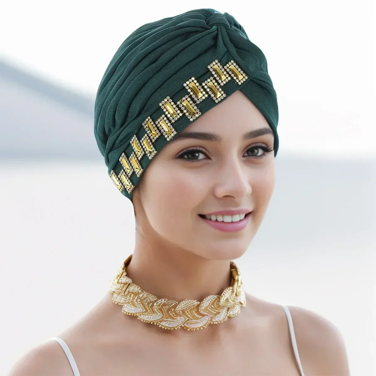 

Women Muslim Twist Knot Turban Soft Ruffle Diamonds Headscarf Female Hijab Indian Hat Cancer Chemo Caps Hair Loss Turbante Mujer