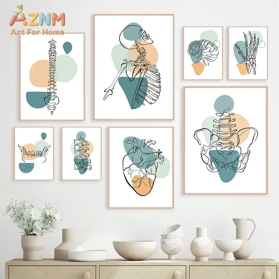 AZNM Human Anatomy Line Art Canvas Wall Art Print Skeleton Brain Heart Spine Medical Poster Unframed Canvas Painting for Clinic