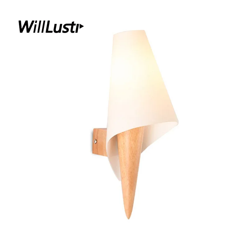 

Nordic Solid Wood Wall Lamp Modern Milk White Glass Sconce Hotel Porch Aisle Living Room Bedroom Creative Conch Shape Lighting