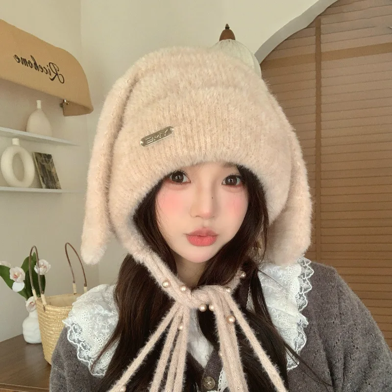 Winter Warm Faux Mink Ear Protector Hat for Women Soft Plush Rabbit Ear Pullover Cap Windproof Cold-proof Pearl Rope Knitted Cap
