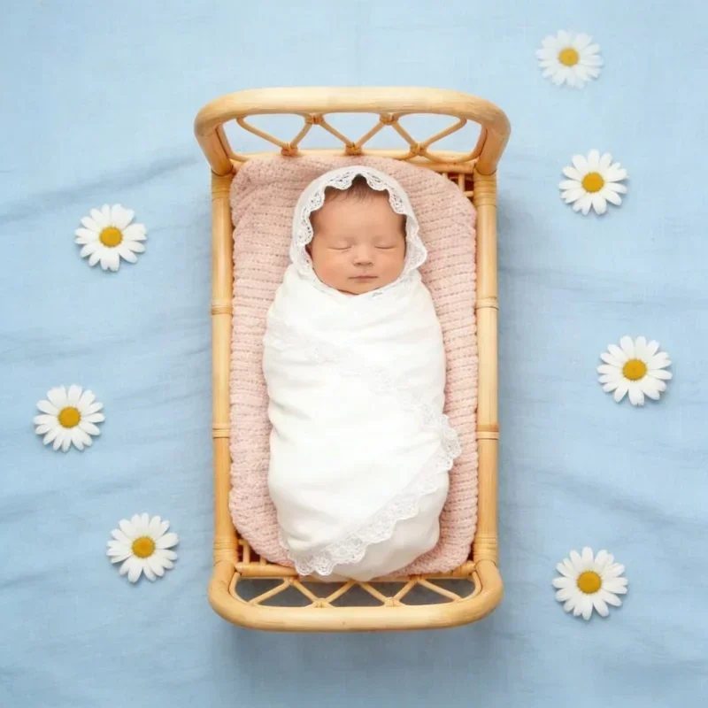 Handmade Retro Rattan Long Bed Newborn Photography Props Unisex Baby Posing Furniture Studio Shooting Background Accessories Set