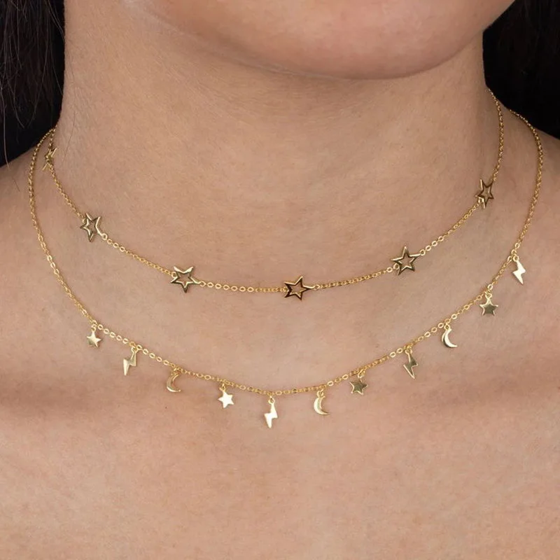 100% 925 Sterling Silver Gold Filled Vermeil Jewelry Lucky Cute Minimal Delicate Moon Star Lightning Bolt Charms Choker Necklace