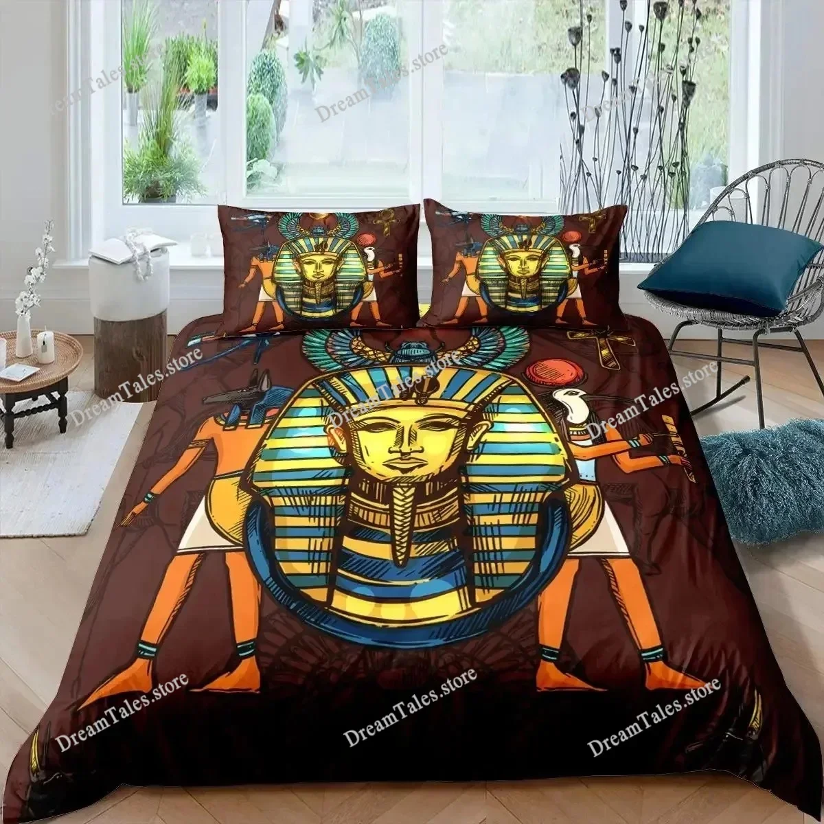 Ancient Egypt Tribe Duvet Cover Set,Pharaoh Bedding Sets,Egyptian Pyramids Exotic Style Comforter Full Queen Size Quilt Cover
