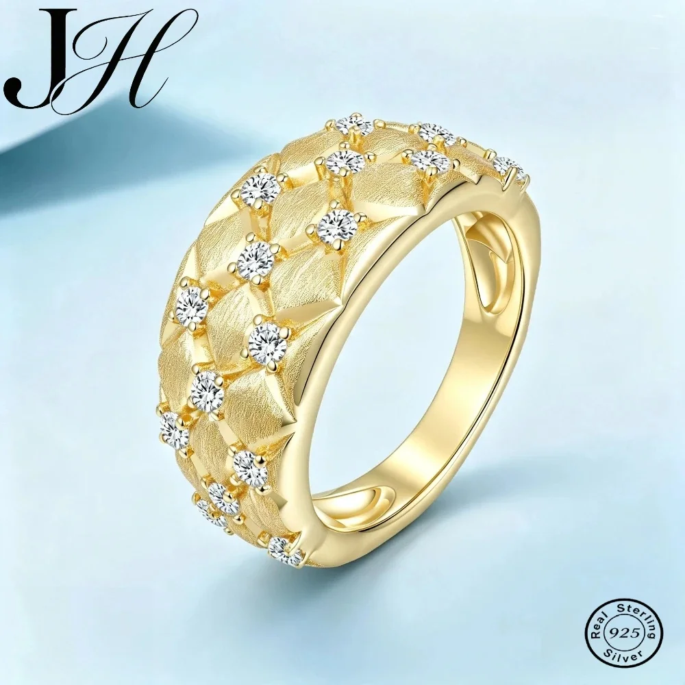 JOIAS HOME Luxury 925 Sterling Silver D Color Moissanite Ring Women Brushed Rhombus Textured Wide Band Engagement Statement Ring
