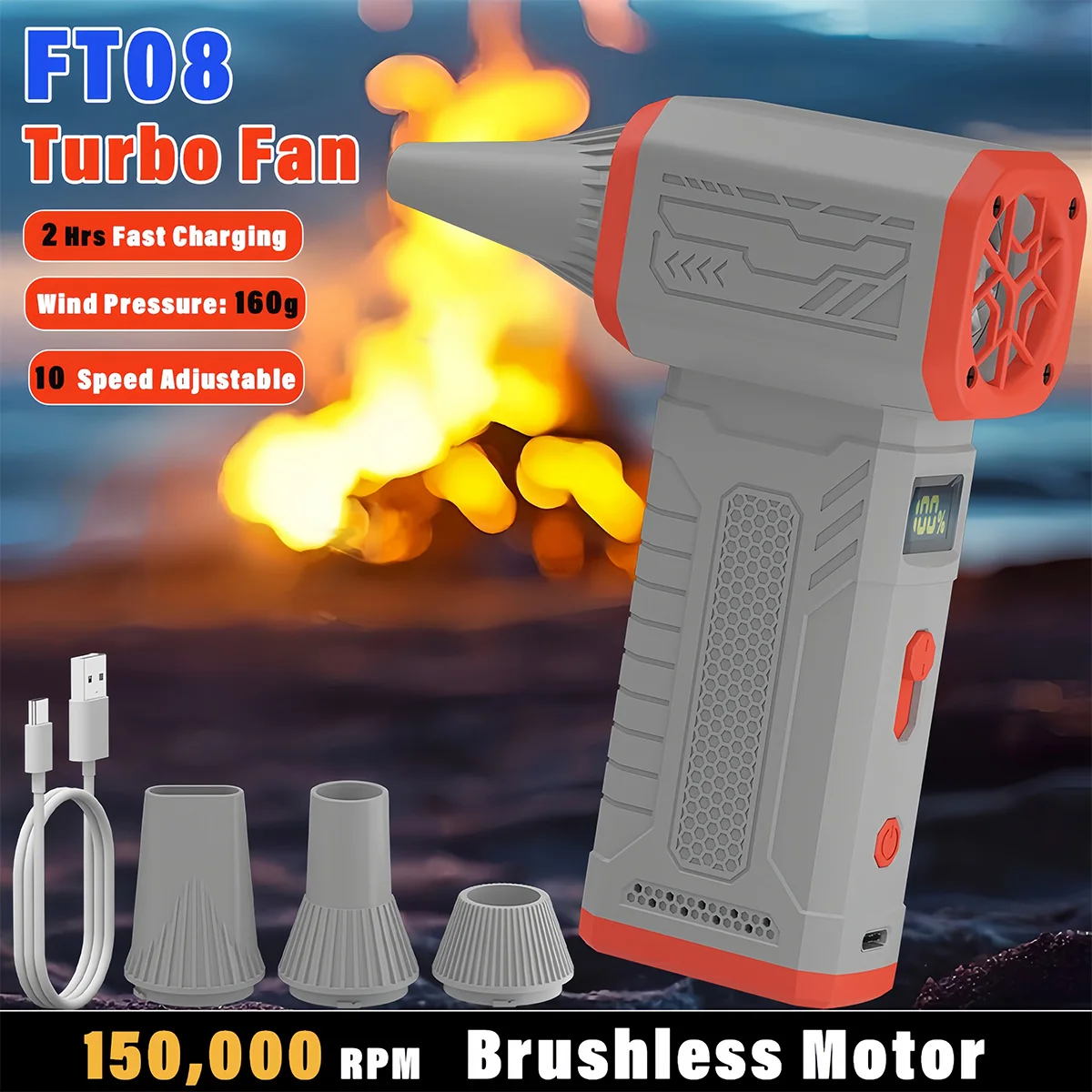 

150000RPM Turbo Violent Fan,3 Wind Nozzles,Powerful Air Blower,10-Speed with Display,Fast Charging for Home/Car/Outdoor Cleaning