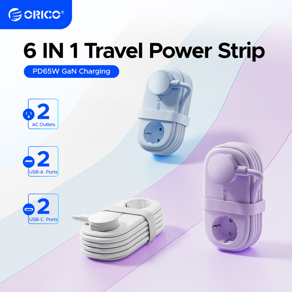  ORICO Cable-Wrap Portable Travel Power Strip 65W GaN Fast Charging Station with 2 AC Outlets 2 USB 2 Type-C EU Plug Adapter Home 