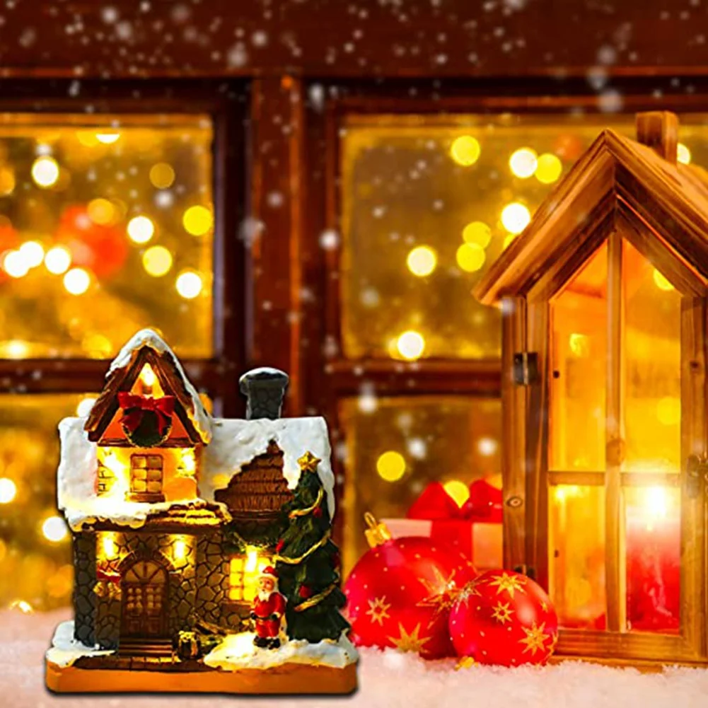 Christmas Village Houses, Resin Christmas Village with Warm Light Battery Operate, Christmas Home Table Decor,C