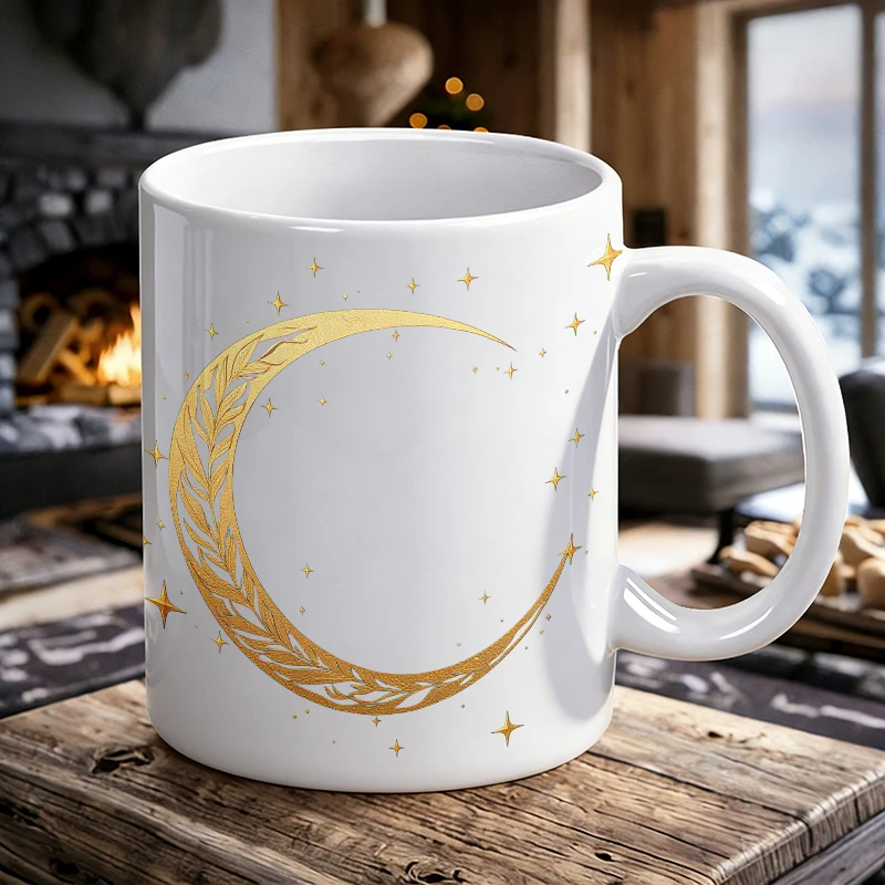 

Gold Leaf Crescent Moon and Star Pattern Ceramic Mug, Coffee Cup, Milk Cup, Office Tea Cup, Drinking Cup, Fade-Resistant
