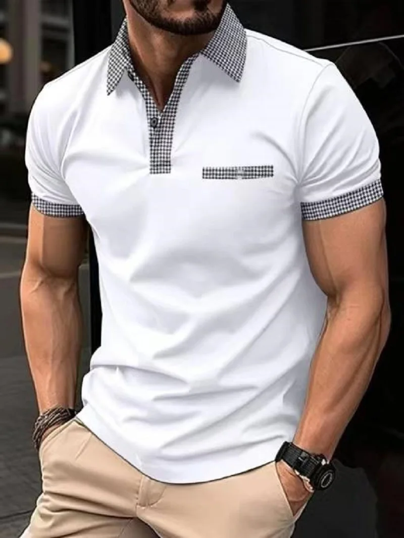 Summer Bussiness Casual Men Polo Shirts Plaid 3D Lapel Button Short Sleeve Fashion Tops Golf T Shirt Oversized Men\'s Clothing