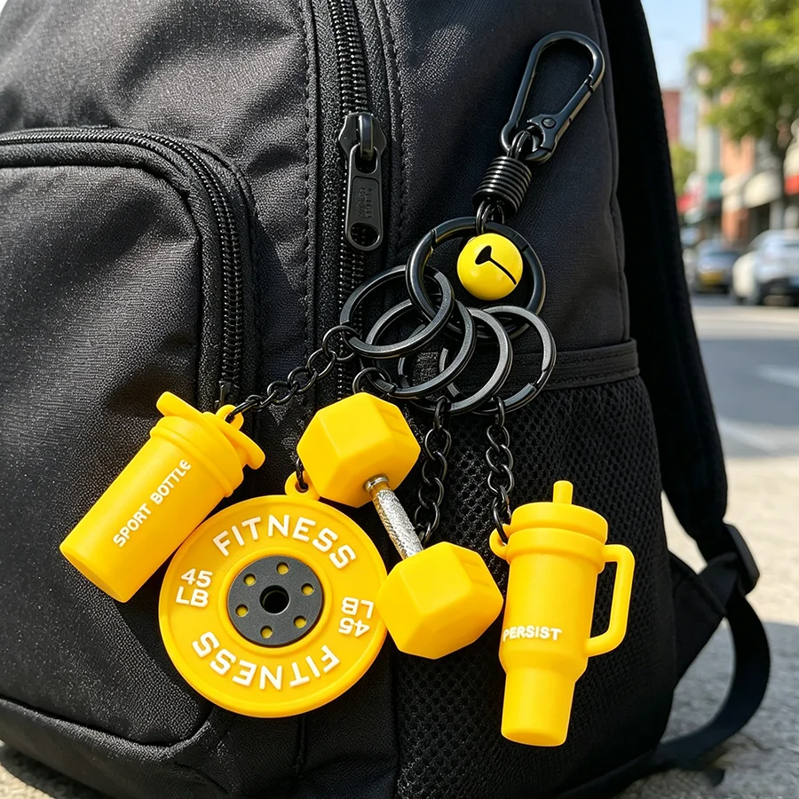 Noter 5 In 1 Fitness Keychain Gym Lover Barbell Dumbbell Weight Plate Sports Bottle Pendant Keyring Workout Bag Charm Pendant