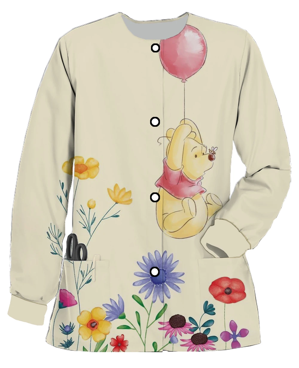 Disney series Winnie the Pooh cute affinity women\'s work clothes long sleeve round neck scrub jacket nursing clothes