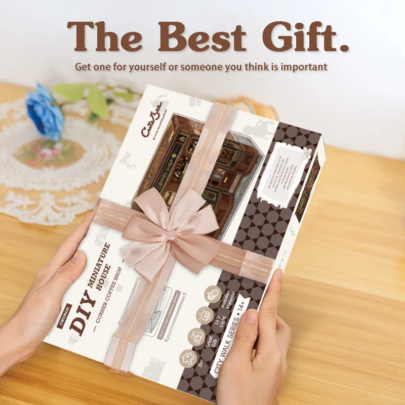 Cutebee livro de madeira nook casa de bonecas kit casa de boneca em miniatura booknook estante com luz led para berço loja de café