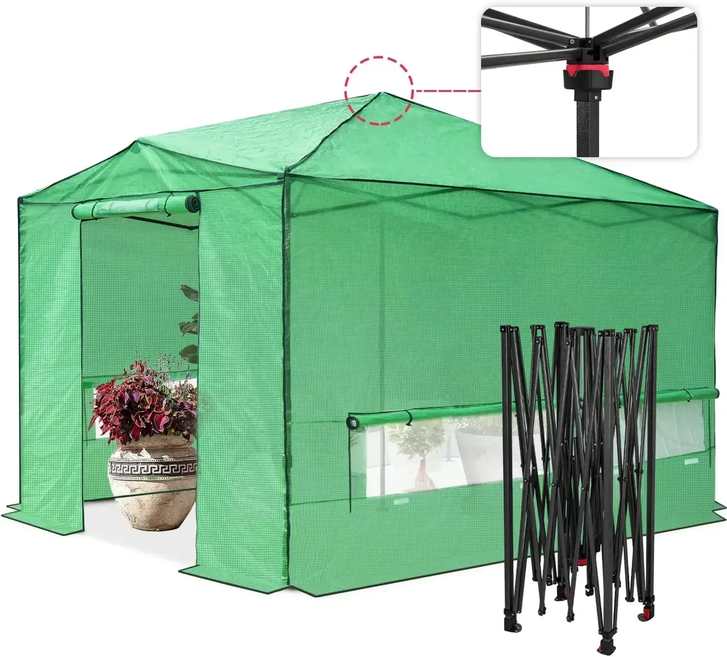 Instant Pop-up Greenhouse, Indoor Outdoor Plant Gardening Green House, Roll-Up Zipper Doors & Side Windows - Winter Support Pole
