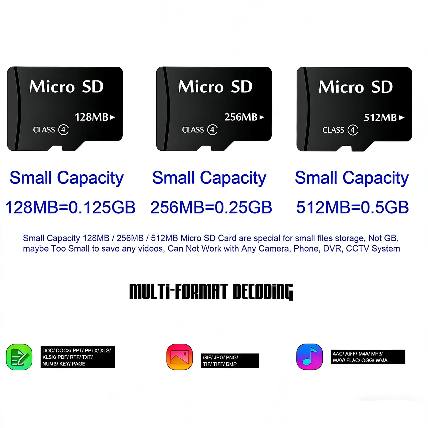 Small Capacity Micro SD Memory Card 512MB (512MB=0.5GB) 256MB 128MB Class 4 TF Cards for MP3 Photos Small Files Only