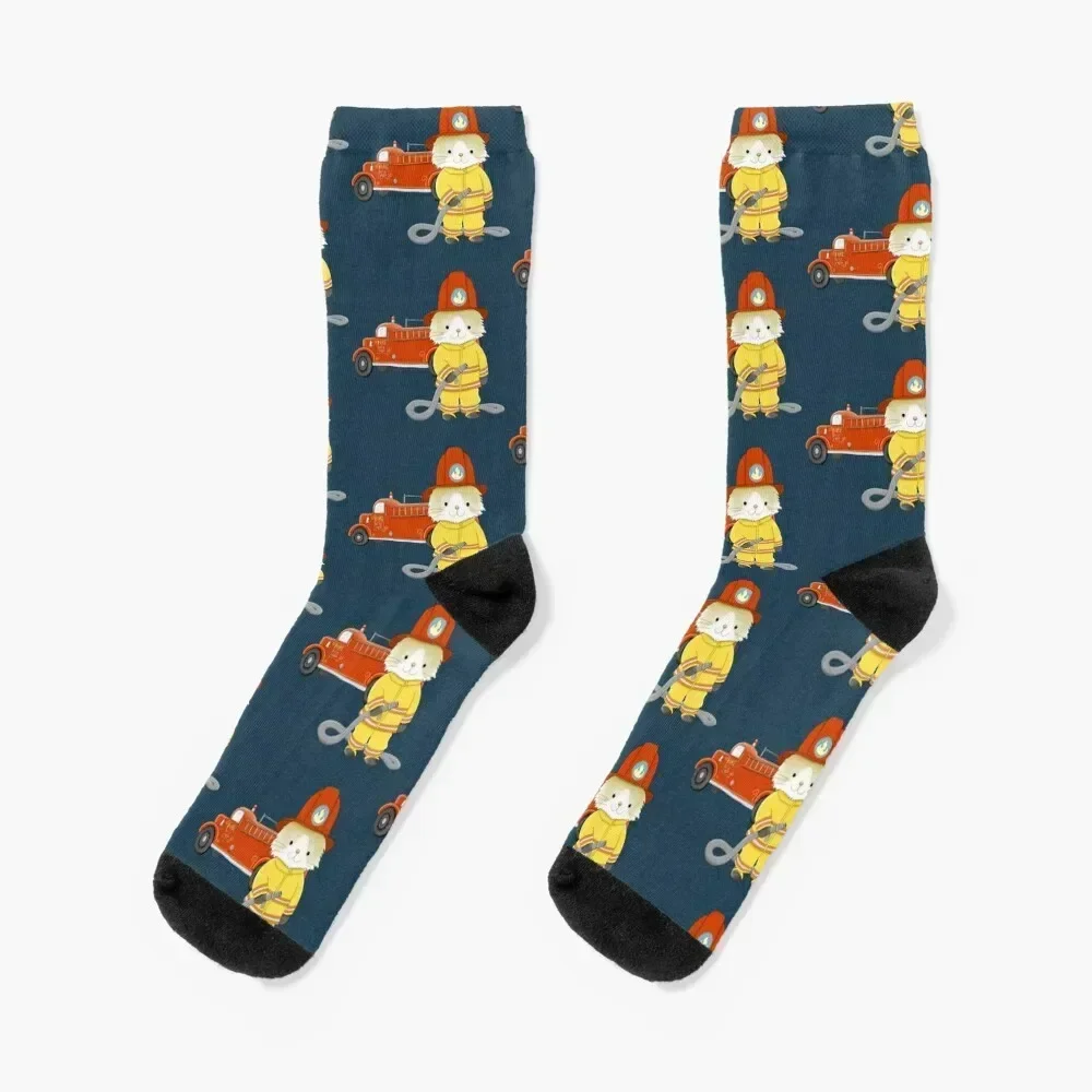 

Fireman Cat with a Firetruck Socks Run football hiking men cotton high quality Socks Man Women's