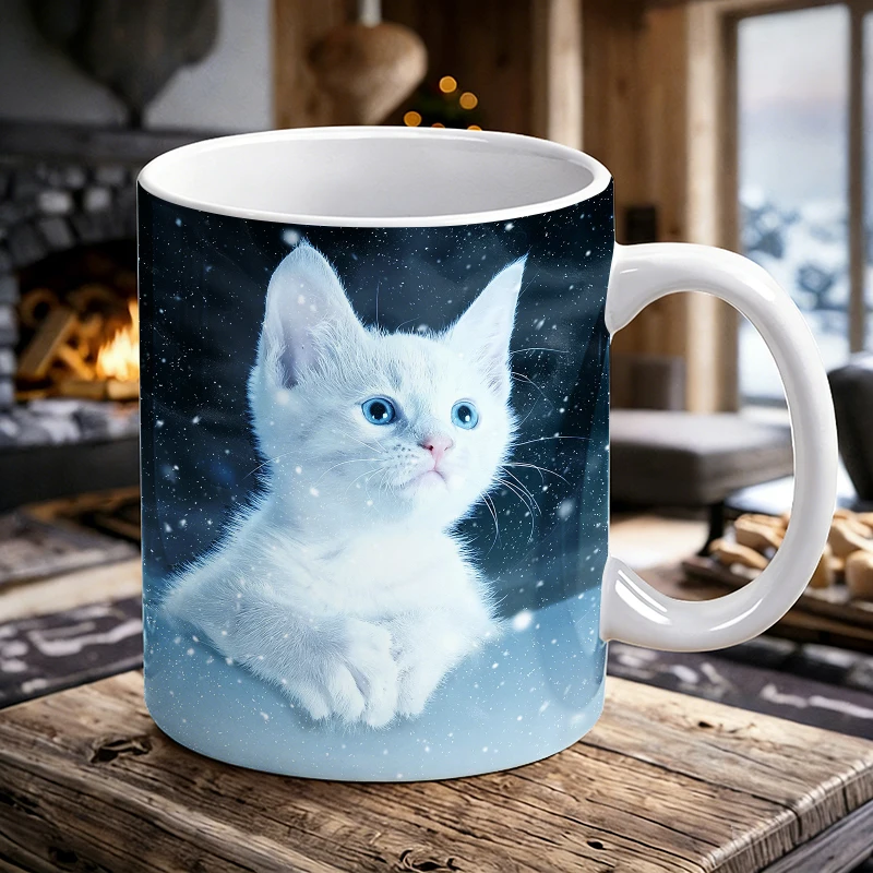 

Snowy Blue-Eyed White Cat Ceramic Mug Magical Snowflake Coffee Cup, Milk Cup, Drinking Cup, Gift for Friends, Fade-Resistant