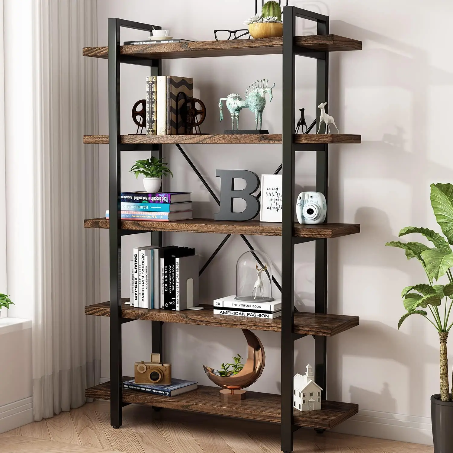 5-Tier Industrial Solid Wood Bookcase with Metal Frame, Rustic Shelving Unit for Living Room or Office