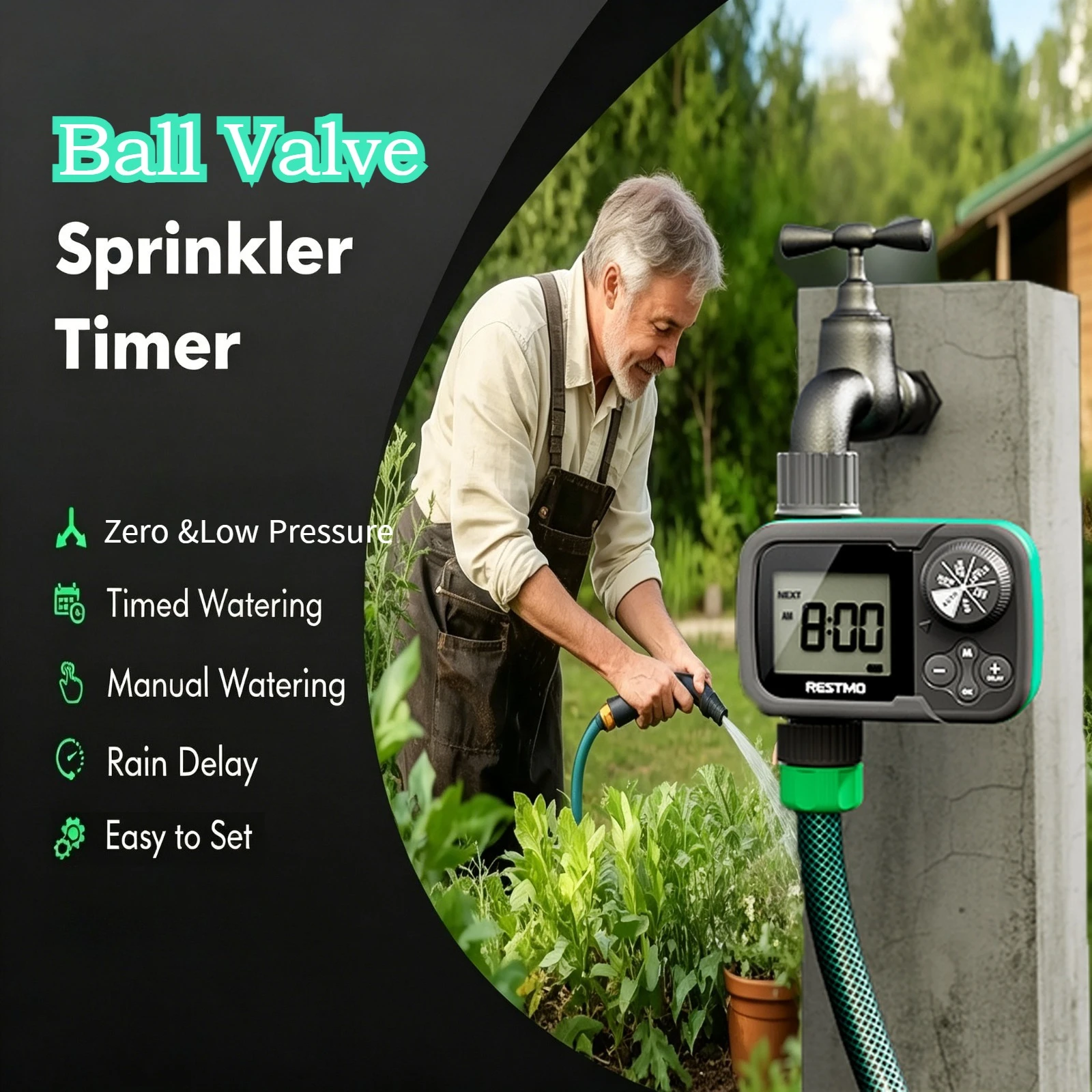 Zero Pressure Ball Valve Sprinkler Timer 3Modes Auto Manual Rain Delay Garden Water Timer for Garden Hose&Rain Barrel Irrigation