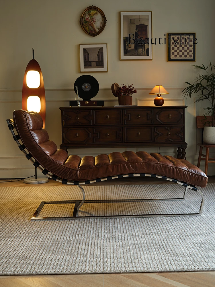 

American retro leather recliner designer casual sofa chair antique living room lunch break chair