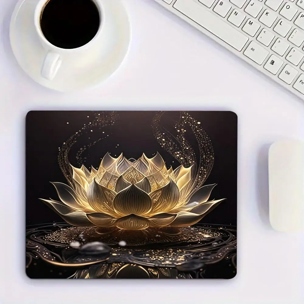 Elegant Shiny Golden Lotus Floral Graphic Square Mouse Pad Non Slip Rubber Desk Mat For Home Office Laptop Gaming Sessions