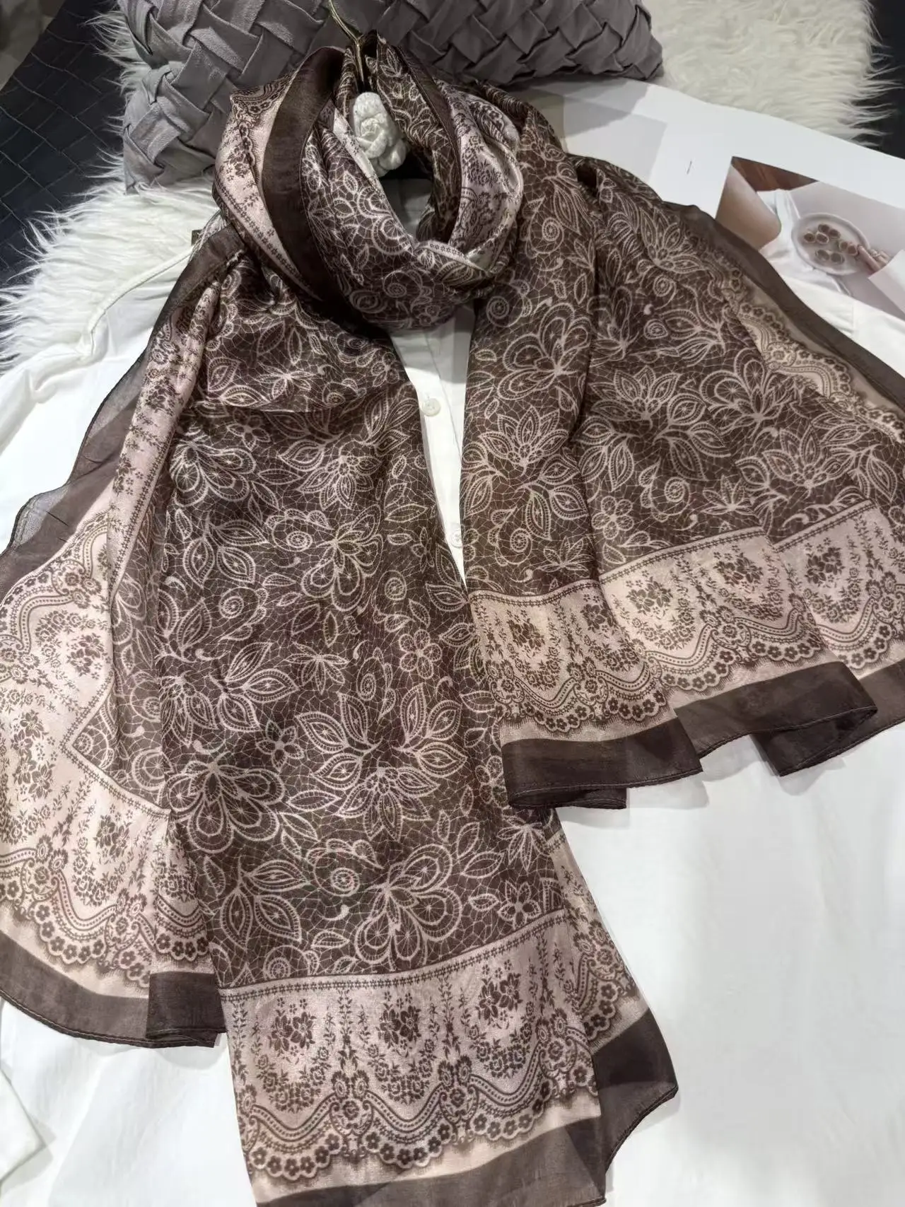 

Coffee Women 100% Mulberry Silk Scarf Bufanda Elegant Floral Long Pure Silk Scarf Summer Beach Silk Shawl Wrap Hijab Neck Scarf