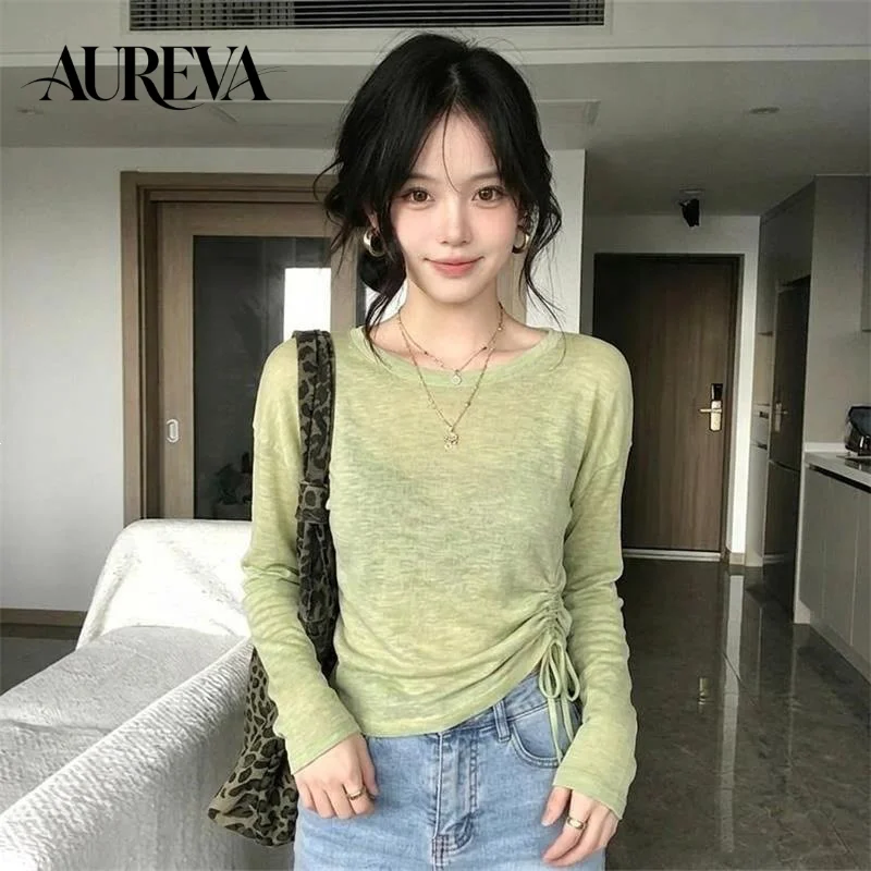 Women's Sexy Sheer Drawstring Cropped Long Sleeve T-Shirt Sun Protection Cover up Top Petite Trendy Casual Blouse