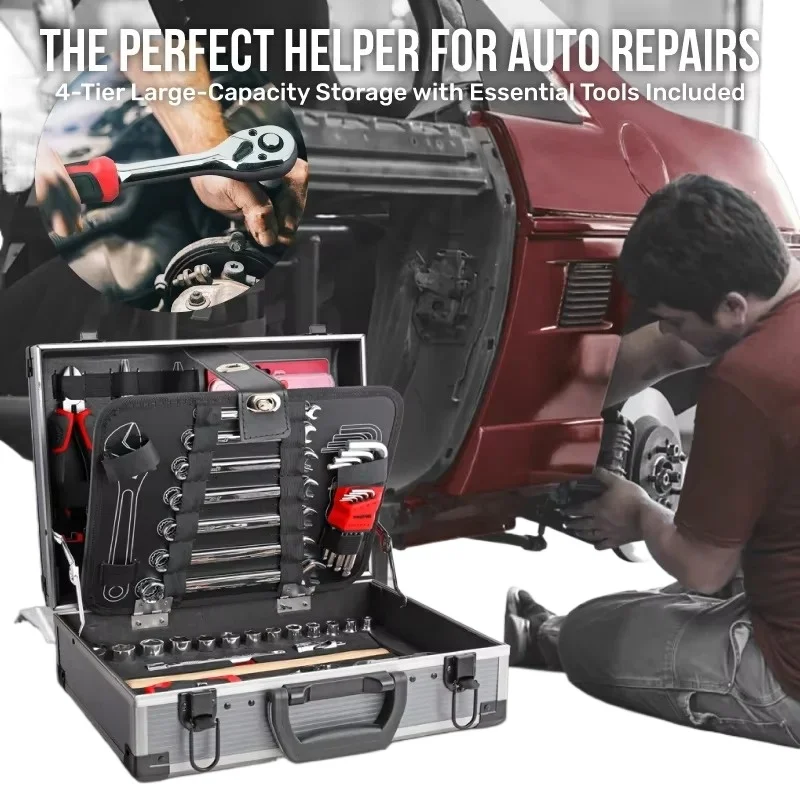 Hi-Spec 105PCS Tool Set, Aluminum Box Socket Wrench Kit, Car Repair Home Maintenance Combination Hardware Tool Box